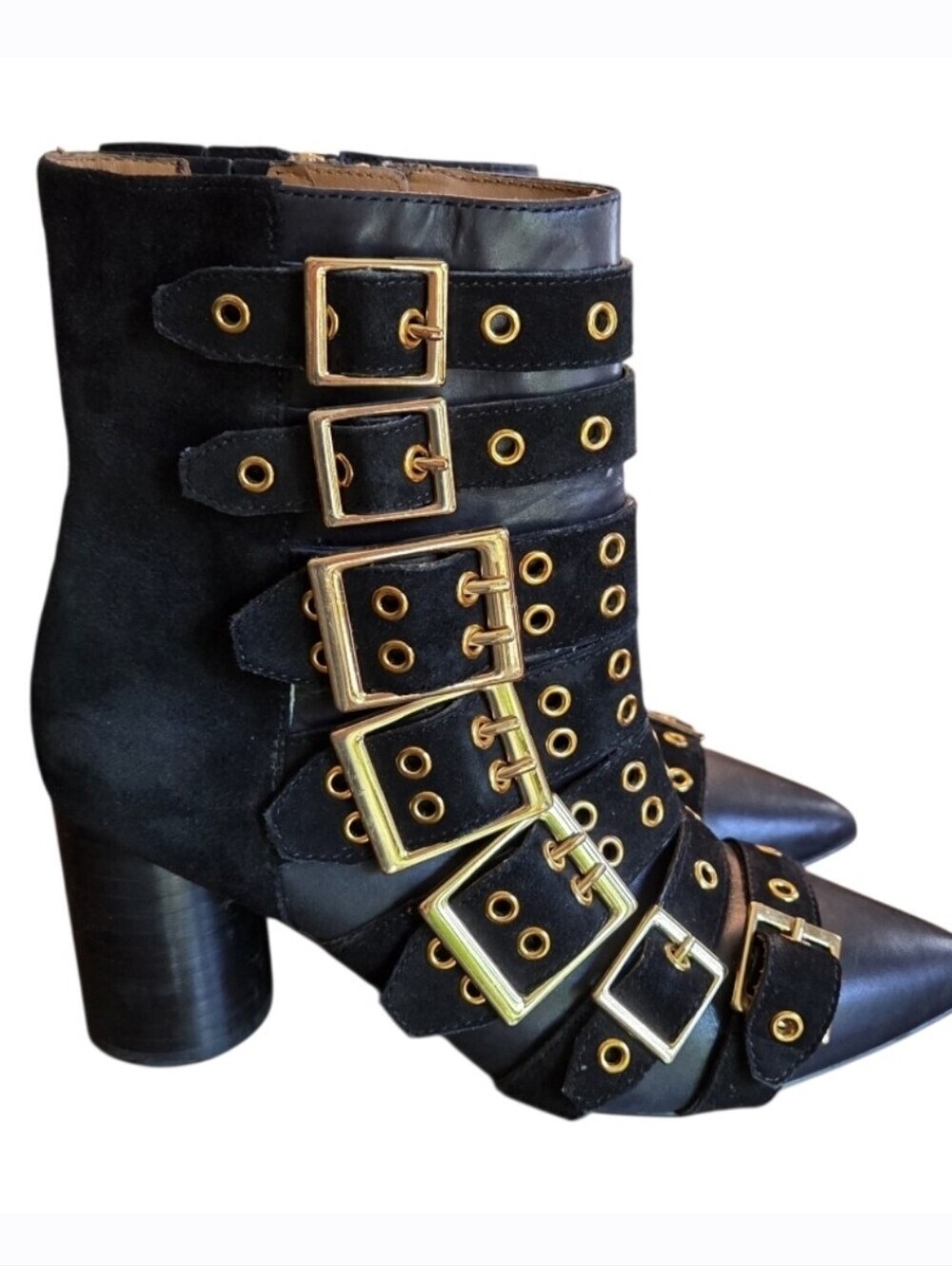 & Other Stories Multi Buckle Maximalist Black Leather Ankle Boots Size 6.5